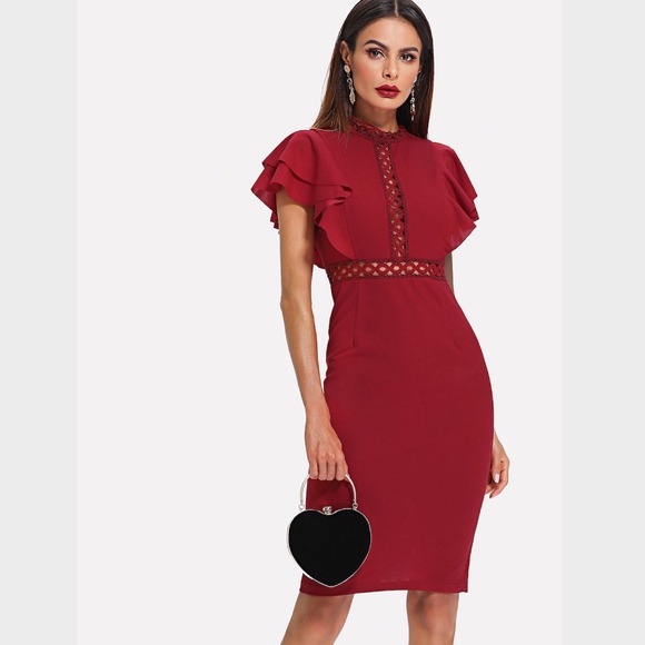 Rouge! Dresses & Skirts - Burgundy Eyelet Lace Flounce Sleeve Bodycon Dress